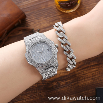 Stylish Men's Fashion Jewelry Watch Set 3 PCS Quartz Watches with Rhinestone Bracelet Necklace Punk Silver Wristwatch Set + Box